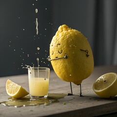 A playful lemon character stands beside a glass of lemon juice. Lemon slices are scattered on a wooden surface. Juice splashes from the glass.