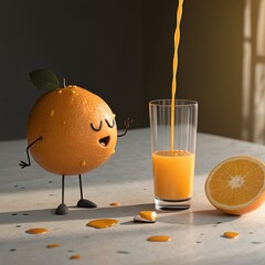 A cartoon orange character stands beside a glass of freshly squeezed orange juice. A half orange is on the table, with juice spilling around.