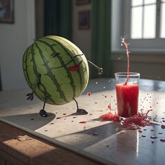 A cartoonish watermelon character stands beside a glass of watermelon juice. The scene is bright and playful, with juice splashing around.