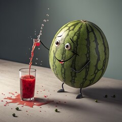 A cartoonish watermelon character with eyes and a smile pours juice into a glass. The scene is playful and colorful, showcasing a fun beverage concept.