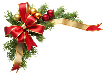 Red Ribbon Bow with Gold Trim, Pine, and Ornaments on Transparent Background christmas isolated on a transparent background
