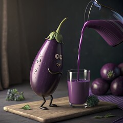 A cartoonish eggplant character with a smiling face stands next to a glass. Purple juice is being poured from a pitcher into the glass. Fresh eggplants are in the background.
