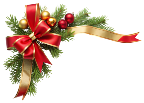 Red Ribbon Bow with Gold Trim, Pine, and Ornaments on Transparent Background christmas isolated on a transparent background