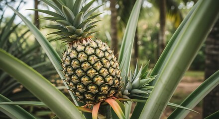Fototapeta premium Ripe pineapple fruit growing on plant tropical green
