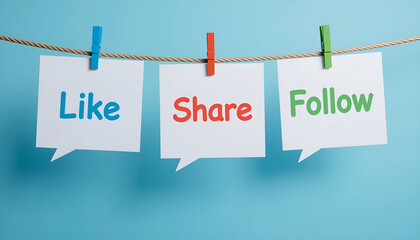 Like Share Follow Social Media Icons Hanging on String Against Blue Wall