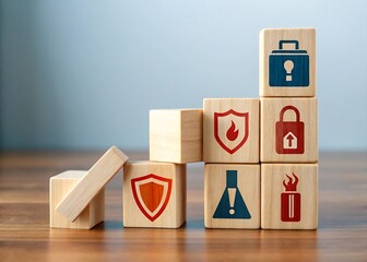 Wooden blocks stacked in a pyramid shape with safety and security icons representing risk management concept