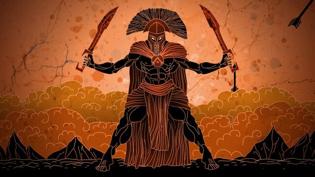 ares god of war on battlefield with falcata swords and arrows