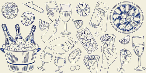 Hand drawn sketch of a celebratory gathering with champagne bottles in an ice bucket wine glasses citrus slices and snacks