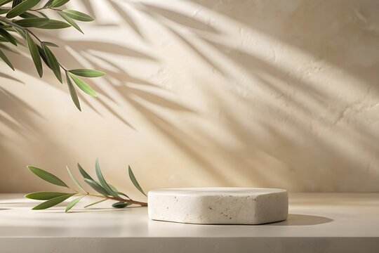 Minimalist product showcase with olive branches and natural light casting shadows on wall