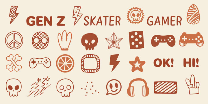 Gen z skater gamer aesthetic doodle collection with skulls peace signs and lightning bolts