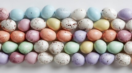 Easter egg candies in layered arrangements on a soft white background