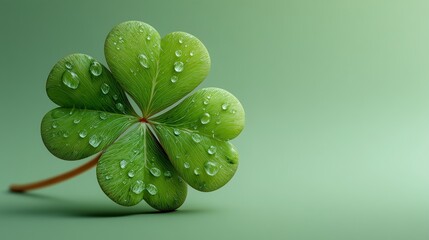 Close-up of four-leaf clover with dew drops on green background with copy space