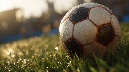 Wet soccer ball on a green grass field at sunset