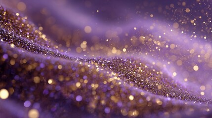 Abstract purple wave with gold glitter and bokeh lights
