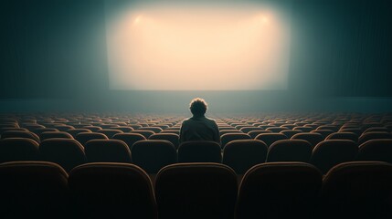 Solitary person watching a glowing screen in an empty cinema