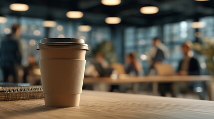 Disposable coffee cup with space for text on wooden table in cafe