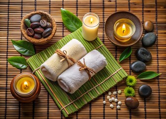 Spa treatment arrangement with towels, candles, stones, and flowers on a bamboo mat for relaxation