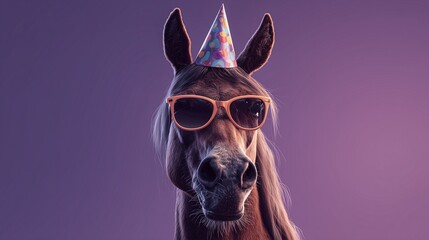 Funny horse wearing sunglasses and a colorful party hat