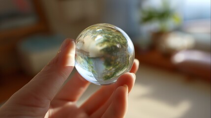 Hand holding a clear crystal lens ball reflecting the outdoors