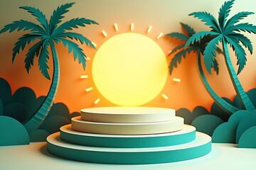Obraz premium Tropical paradise stage with sun and palm trees