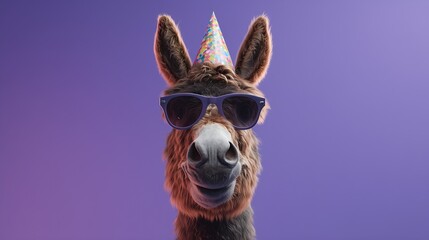 Funny donkey in sunglasses and colorful party hat on purple background