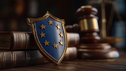 A concept image symbolizing EU data protection law, featuring the official shield alongside a judge's gavel in a law library setting