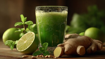Fresh green detox juice with ginger and lime on a wooden table