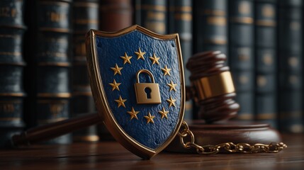European union data protection shield and gavel in a law library