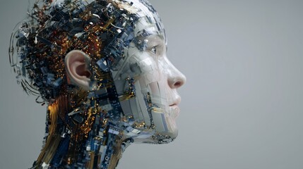 An extreme close-up side view of a human-like head with embedded cybernetic patterns and golden light