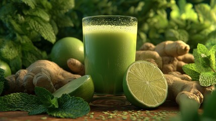 The concept of wellness and natural cleansing, represented by a fresh green juice with ginger and lime, styled on a wooden backdrop