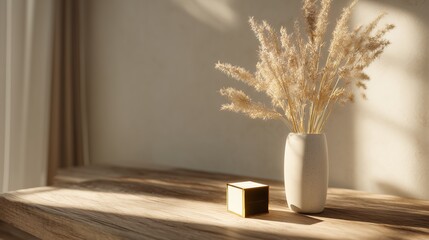 Minimalist pampas grass in a vase with a gold cube