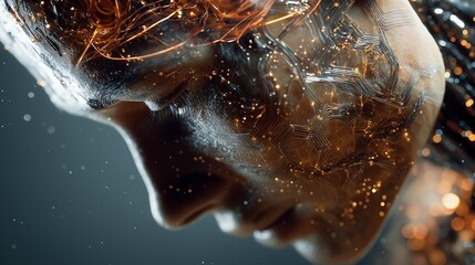 Artificial intelligence face with glowing neural circuits