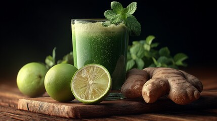 A vibrant green juice made with ginger and lime, presented on a rustic wooden table to emphasize its freshness
