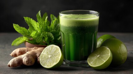 An image of a healthy detox beverage featuring the ingredients ginger and lime, shot naturally on a wooden surface