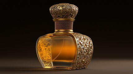 An ornate glass bottle filled with amber liquid and decorated with gold and black metalwork, exuding elegance