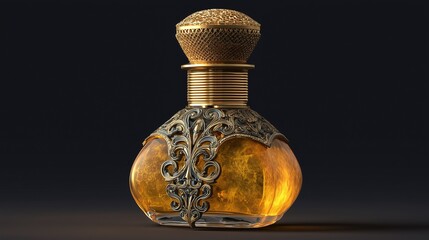 Luxurious golden perfume bottle with ornate filigree on a dark background