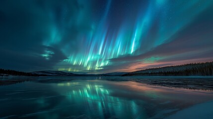 Vibrant aurora borealis lights reflecting on a frozen lake