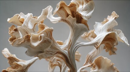 A delicate and organic sculpture made of layered paper with white and brown tones on a soft grey background