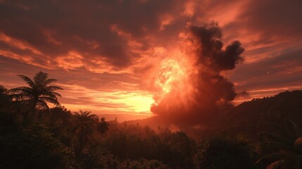 A massive cloud of ash and smoke billows from a volcano at sunset
