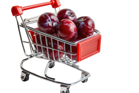 A miniature shopping cart filled with fresh, ripe plums ready for a lively market day in a vibrant kitchen setting isolated on transparent background