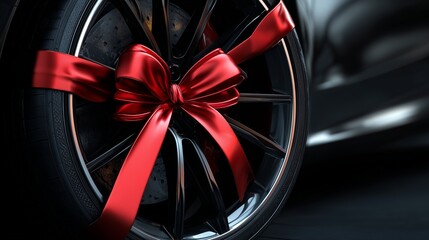 A new car's tire and wheel, decorated with a bright red ribbon and bow for a celebratory presentation