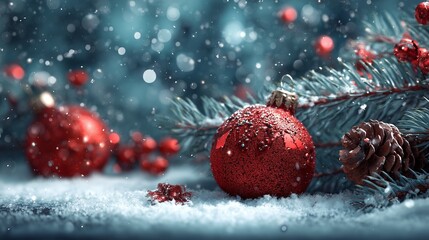 Snowy winter scene with red ornaments, toys and Christmas tree branches, New Year concept