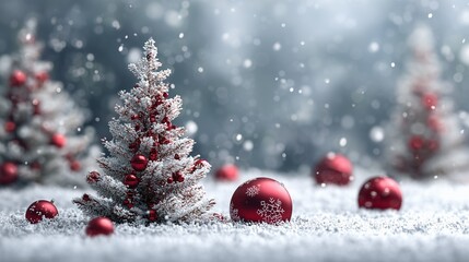 A festive winter scene combining snow, red ornaments, toys, and Christmas tree branches to evoke a New Year's feeling