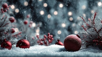 The concept of a traditional New Year celebration, illustrated with a snowy backdrop adorned with classic red decorations and holiday trimmings