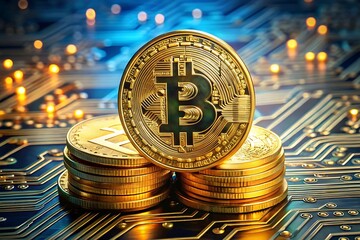 Closeup of a stack of gold bitcoin coins on a circuit board, cryptocurrency concept
