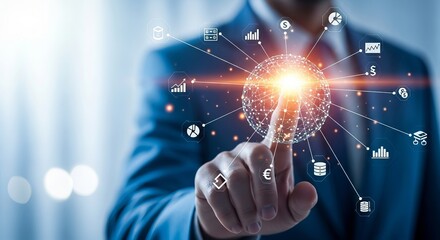 A businessman in a suit interacts with digital graphs and data, symbolizing technology and innovation in finance.