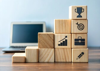Wooden blocks stacked in the shape of stairs with business icons and a laptop in the background