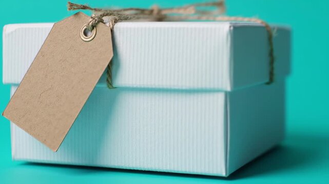 Wrapped present with a blank tag against a teal background.