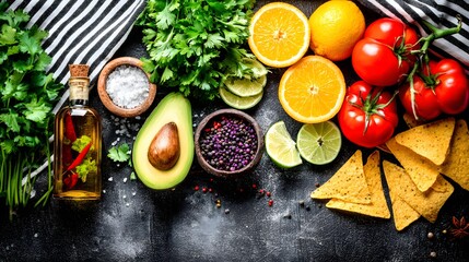 Guacamole dip with chips placed bottom right over dark tablecloth background 
