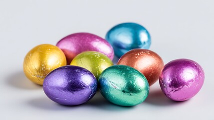Decorative Easter egg candies in different colors on a plain white background